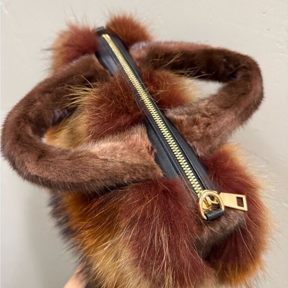 Brown Gradient Real Raccoon Fur & Fur Handles Satchel Bag/Crossbody - Picture 14 of 17